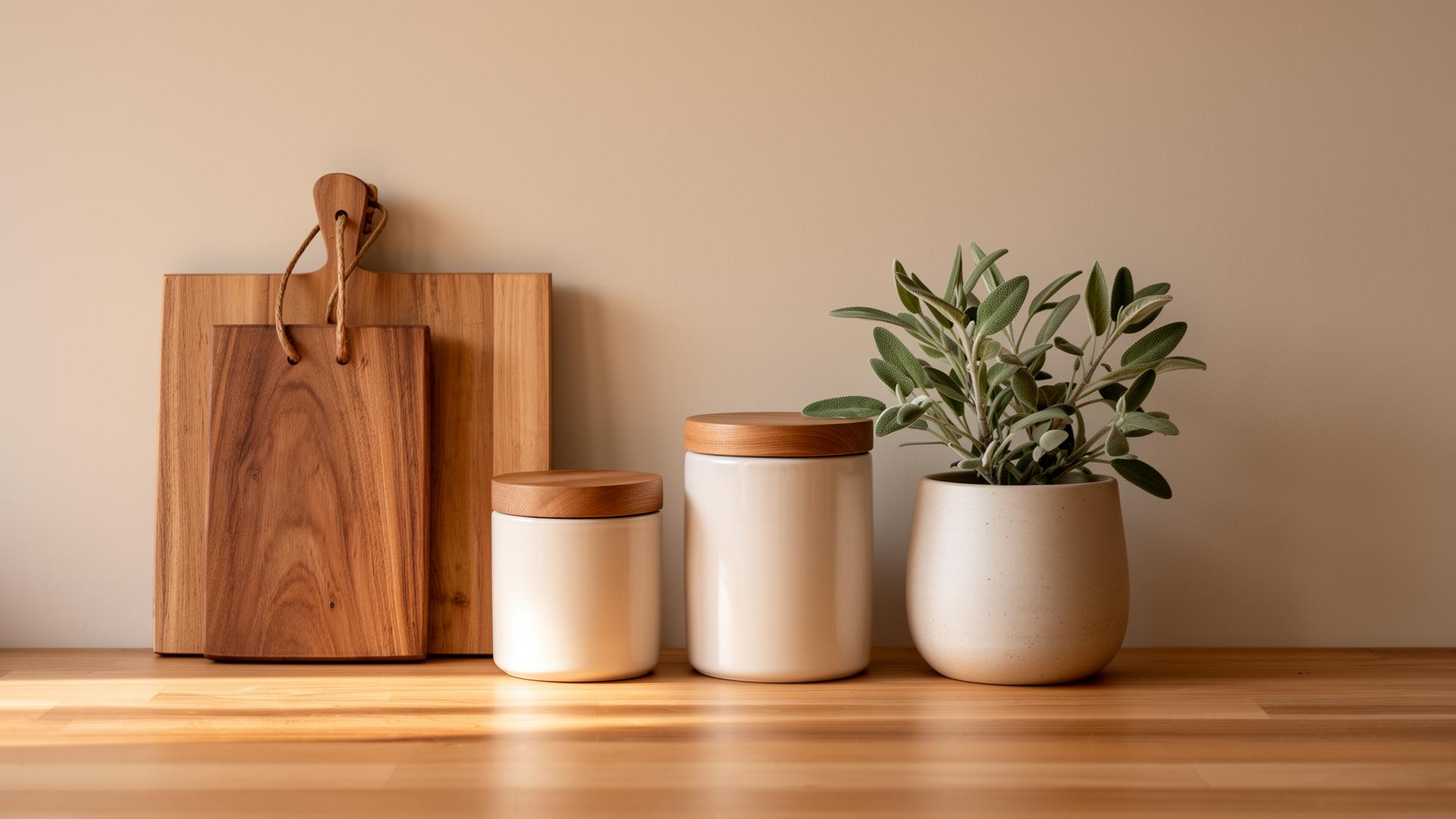 Calm kitchen counter with sage and oak